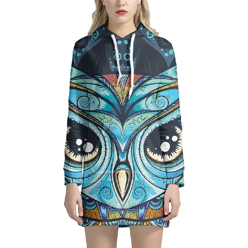 Colorful Tribal Owl Print Pullover Hoodie Dress