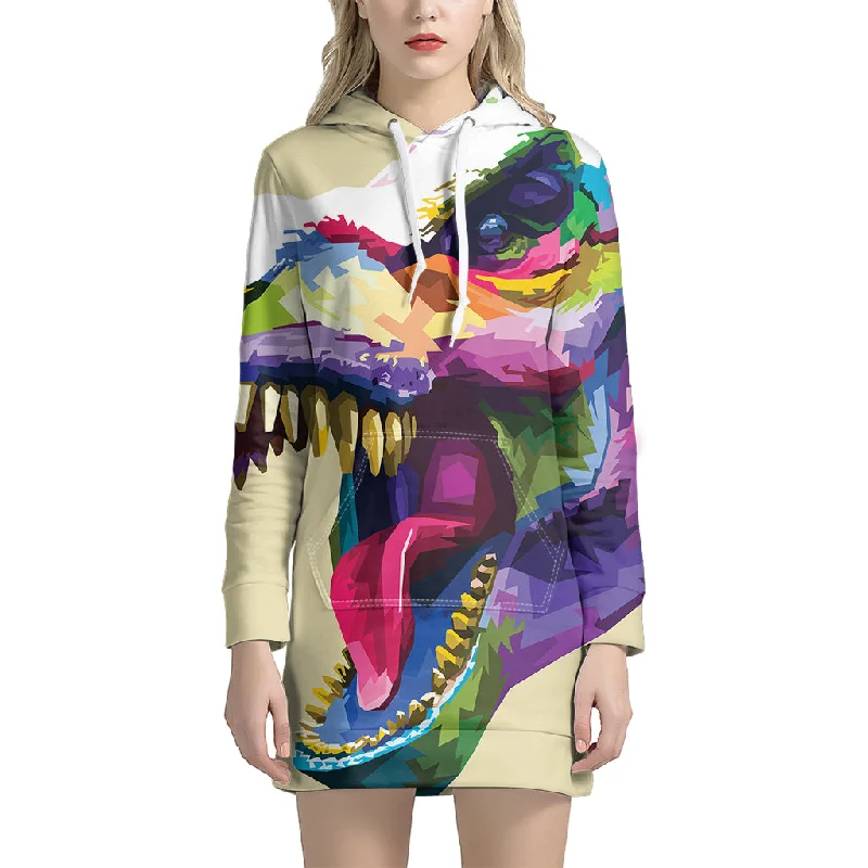 Colorful Tyrannosaurus Rex Print Pullover Hoodie Dress