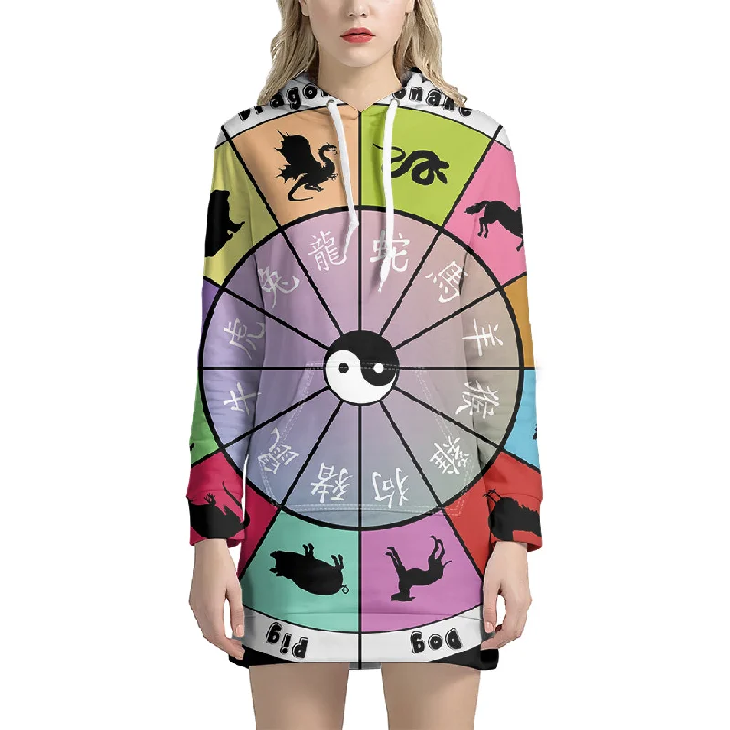 Colourful Chinese Zodiac Wheel Print Pullover Hoodie Dress