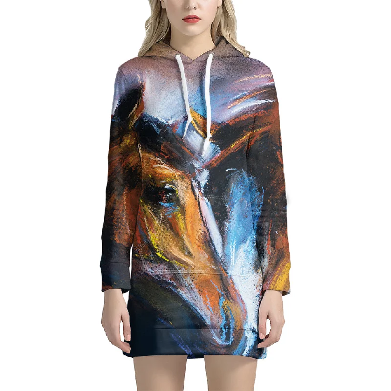 Couple Horses Painting Print Pullover Hoodie Dress