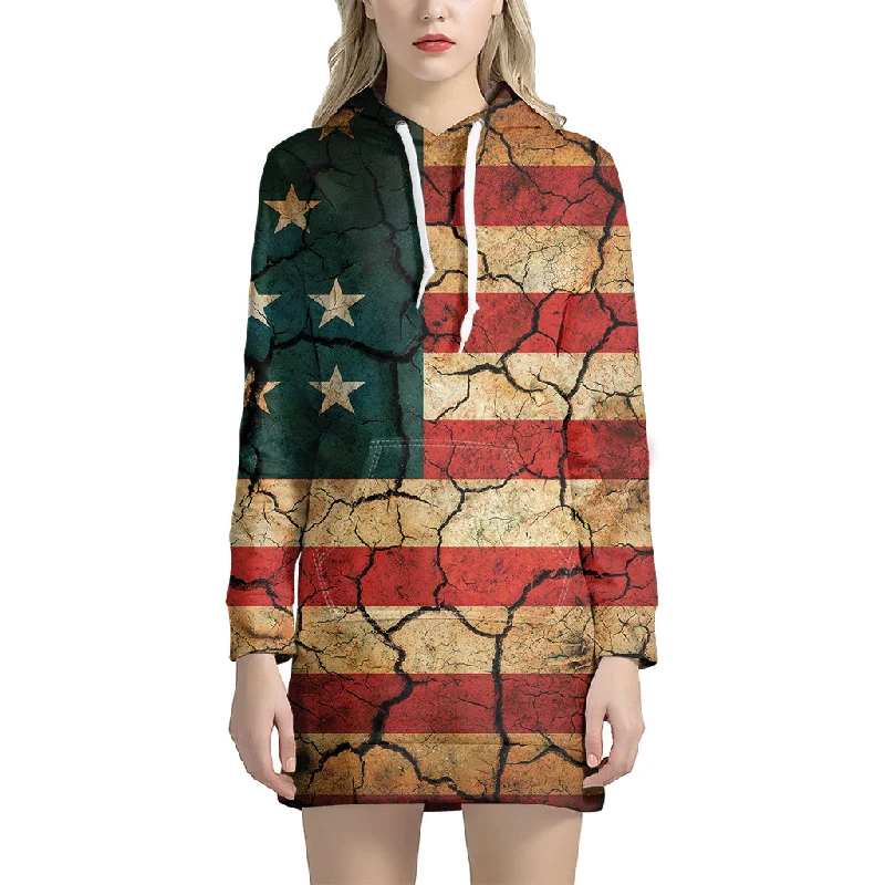 Cracked American Flag Print Pullover Hoodie Dress