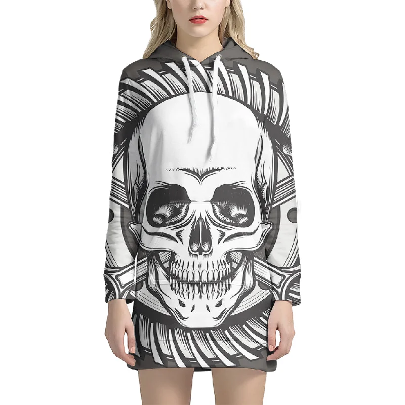 Cross Piston Mechanic Skull Print Pullover Hoodie Dress