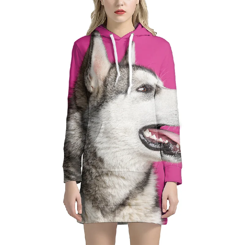 Cute Alaskan Malamute Print Pullover Hoodie Dress