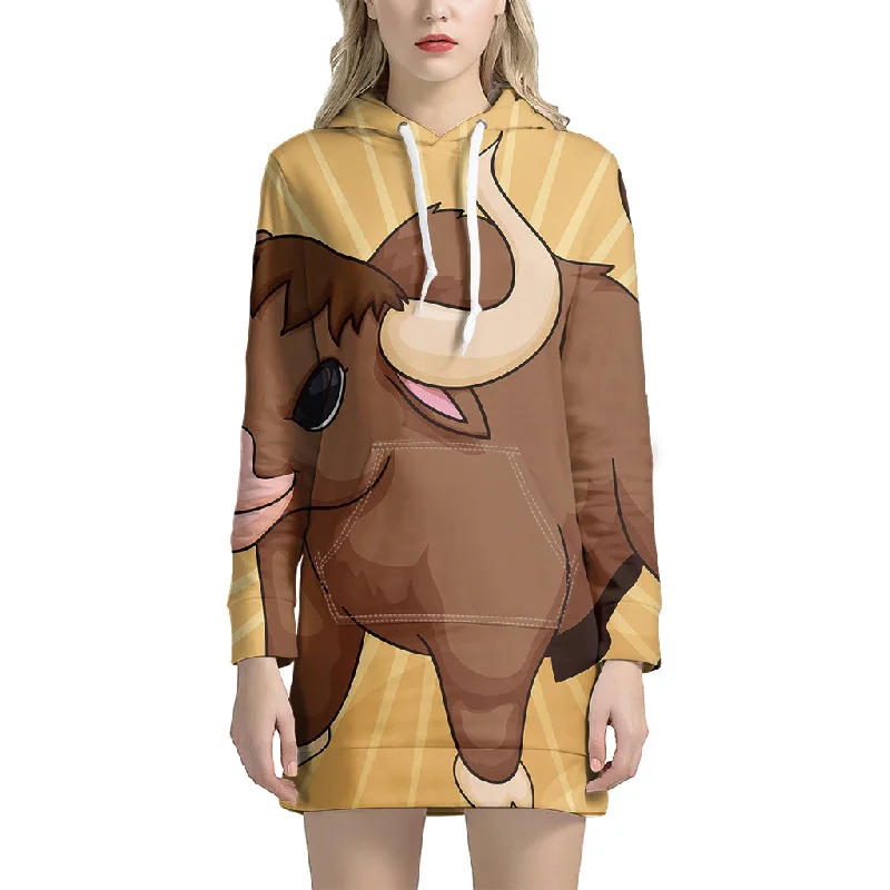 Cute Chinese Ox Zodiac Print Pullover Hoodie Dress