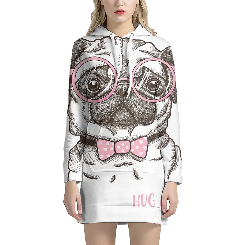 Cute Pug With Glasses Print Pullover Hoodie Dress