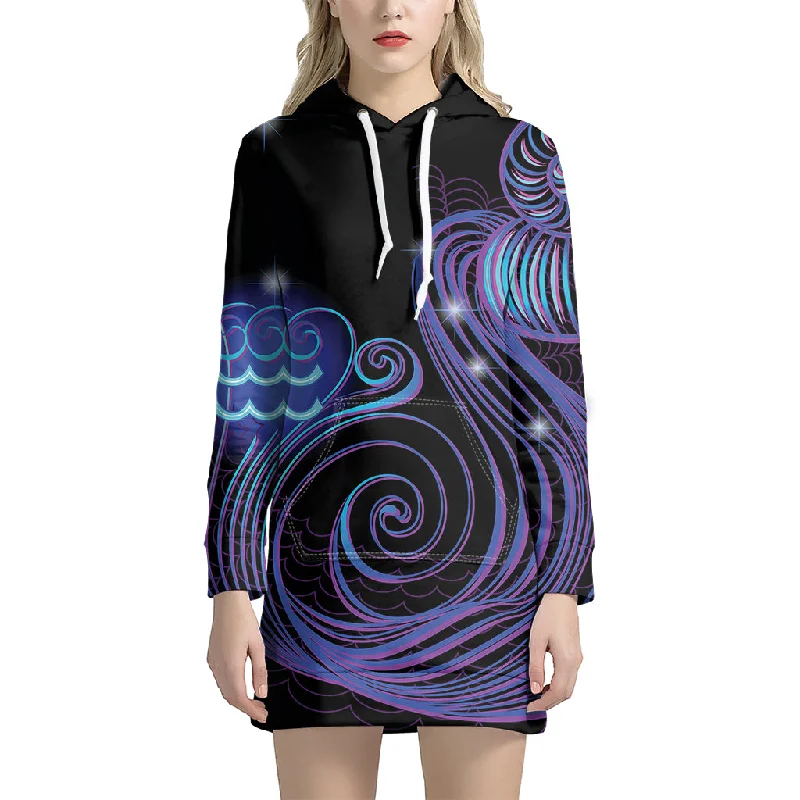 Dark Aquarius Zodiac Sign Print Pullover Hoodie Dress