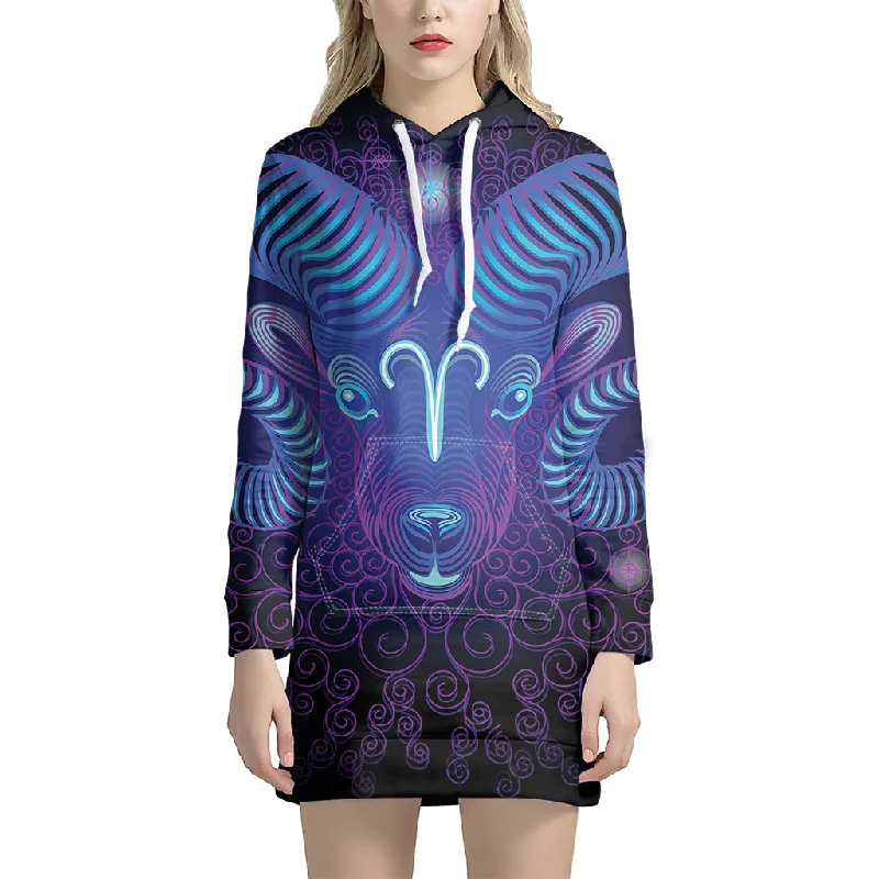 Dark Aries Zodiac Sign Print Pullover Hoodie Dress