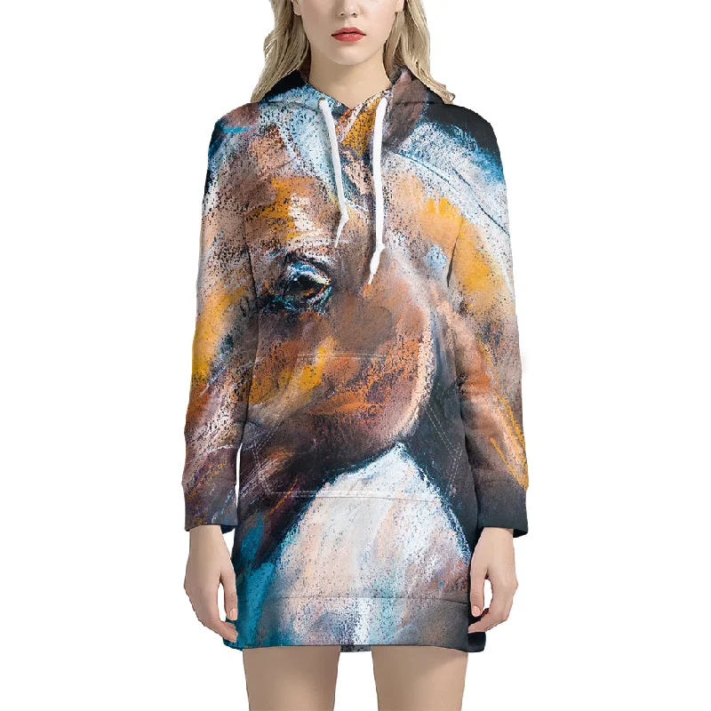 Dark Blue Horse Painting Print Pullover Hoodie Dress