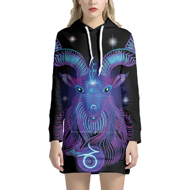 Dark Capricorn Zodiac Sign Print Pullover Hoodie Dress