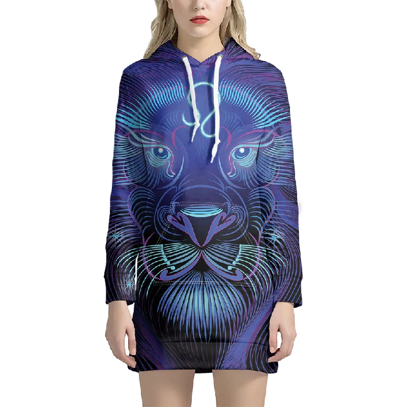 Dark Leo Zodiac Sign Print Pullover Hoodie Dress