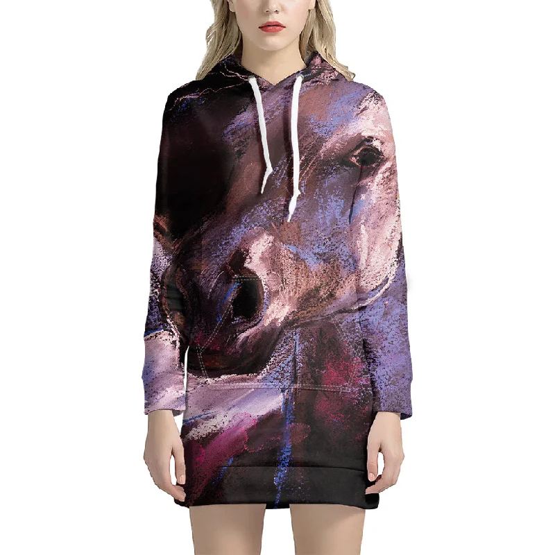 Dark Pink Horse Painting Print Pullover Hoodie Dress