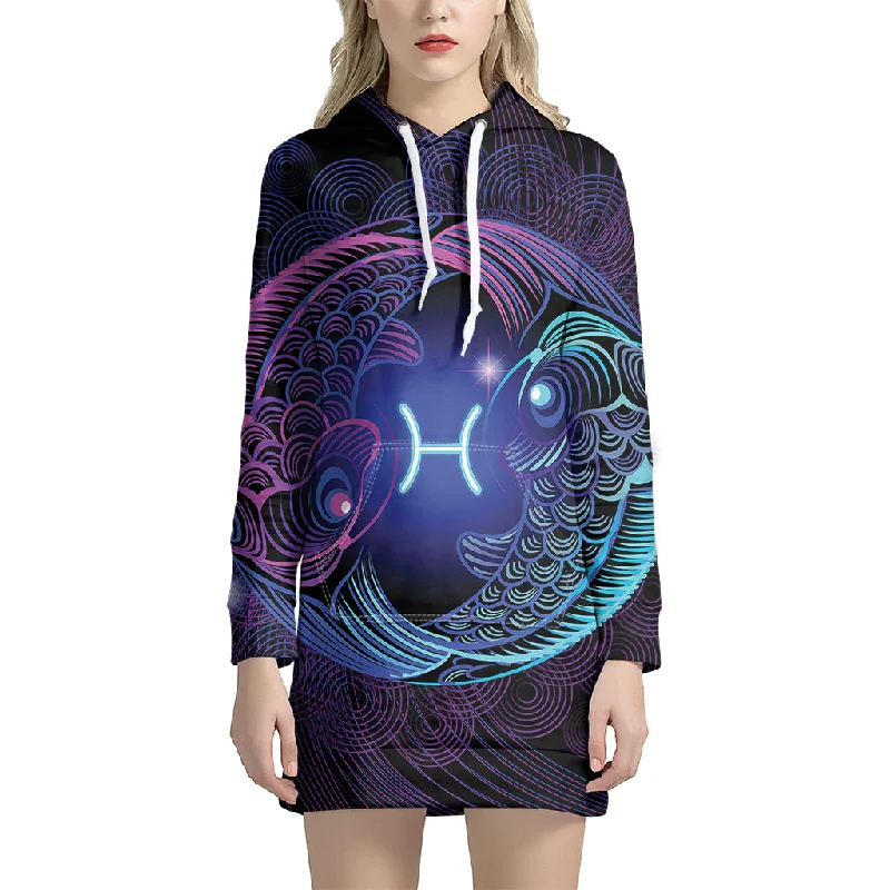 Dark Pisces Zodiac Sign Print Pullover Hoodie Dress