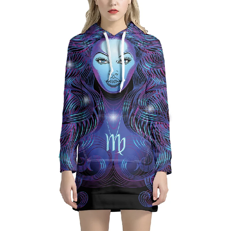 Dark Virgo Zodiac Sign Print Pullover Hoodie Dress