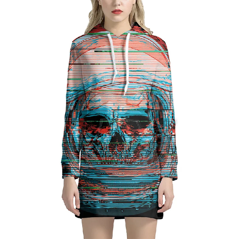 Digital Glitch Astronaut Skull Print Pullover Hoodie Dress