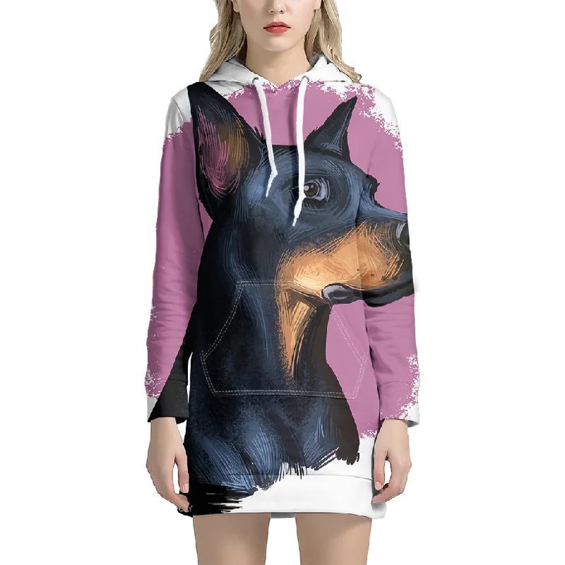 Dobermann Portrait Print Pullover Hoodie Dress