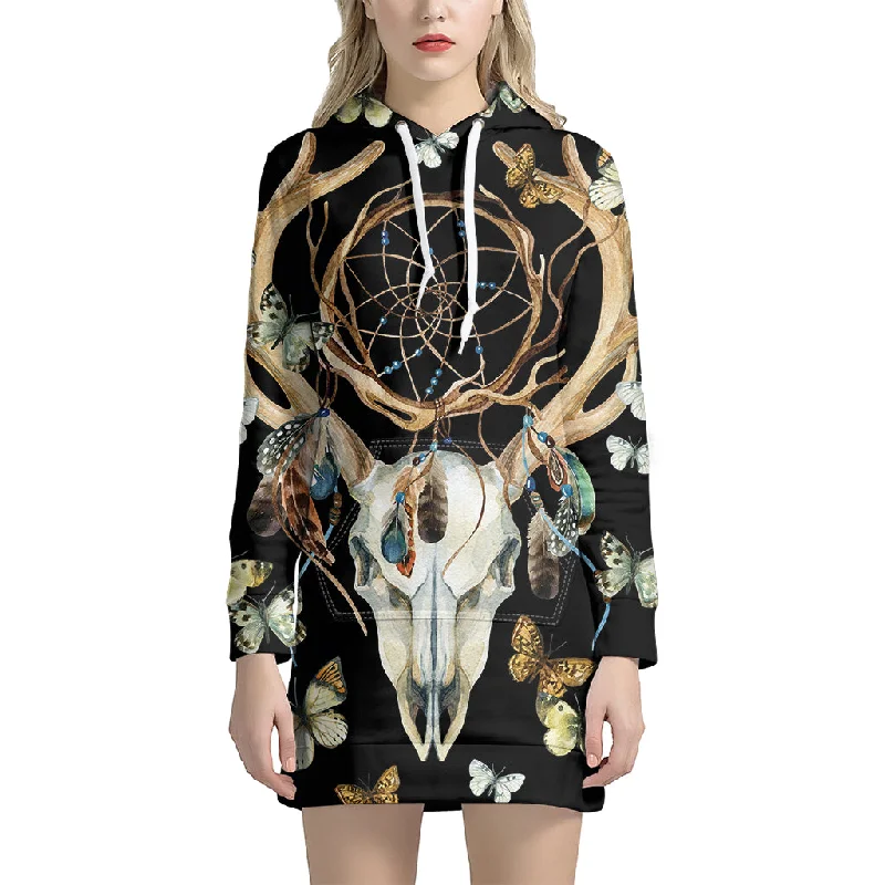 Dreamcatcher Deer Skull Print Pullover Hoodie Dress