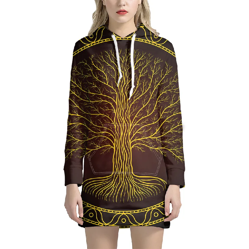 Druidic Yggdrasil Tree Print Pullover Hoodie Dress