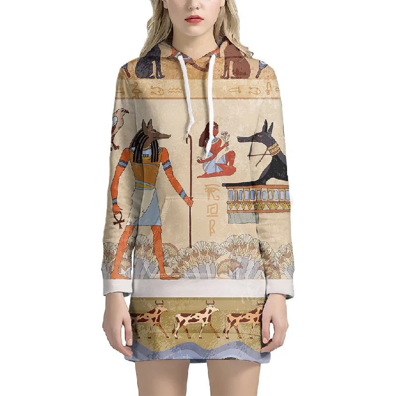 Egyptian Gods And Pharaohs Print Pullover Hoodie Dress