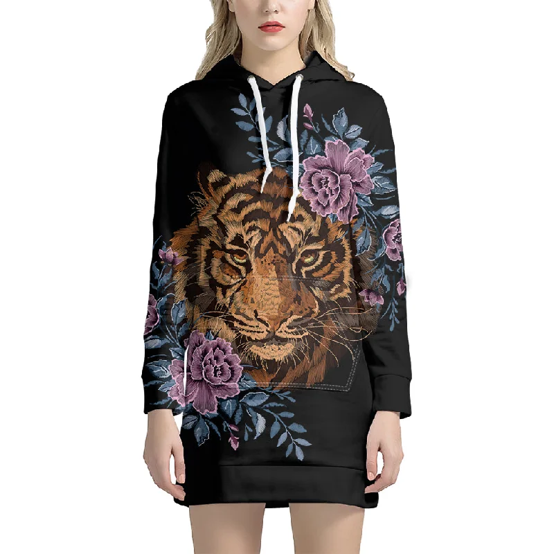 Embroidery Tiger And Flower Print Pullover Hoodie Dress