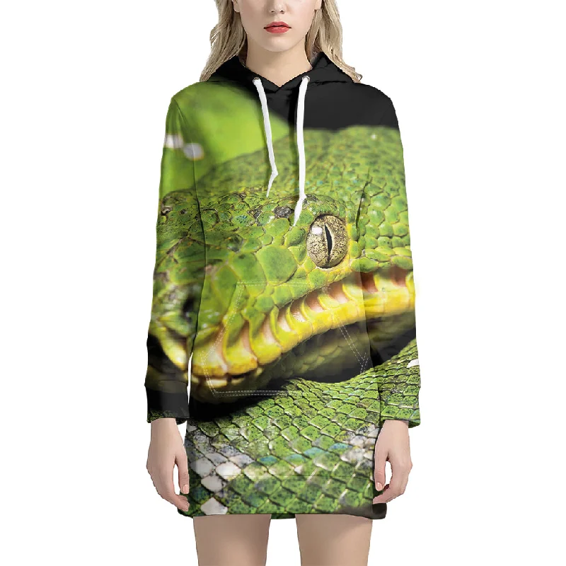 Emerald Tree Boa Snake Print Pullover Hoodie Dress