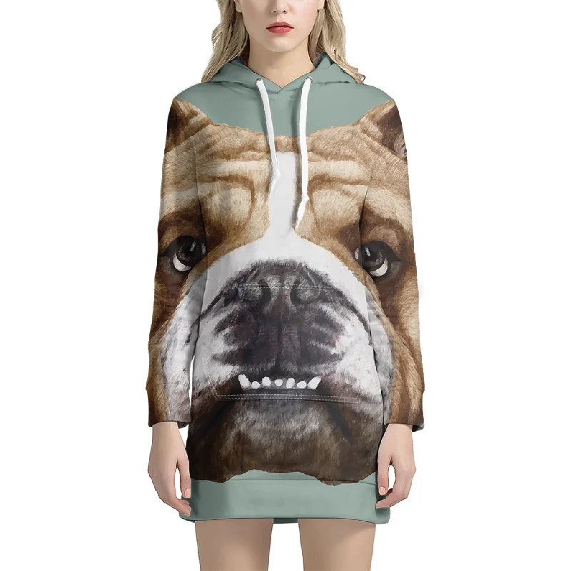 English Bulldog Portrait Print Pullover Hoodie Dress