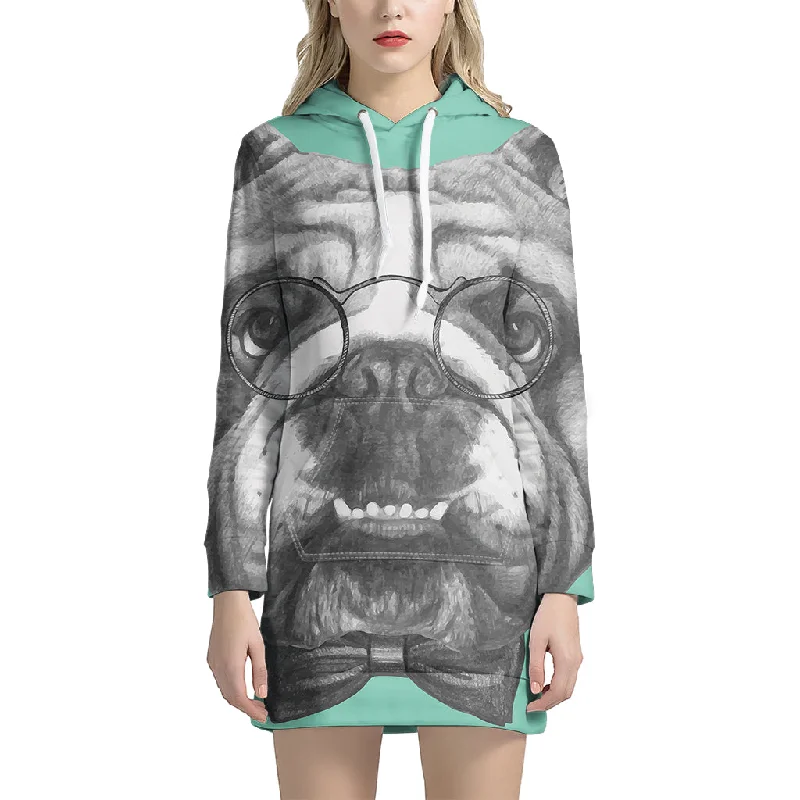 English Bulldog With Glasses Print Pullover Hoodie Dress