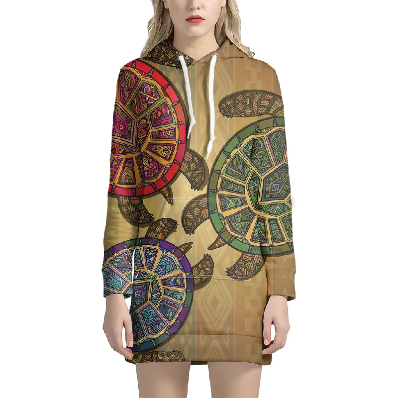 Ethnic Sea Turtles Print Pullover Hoodie Dress