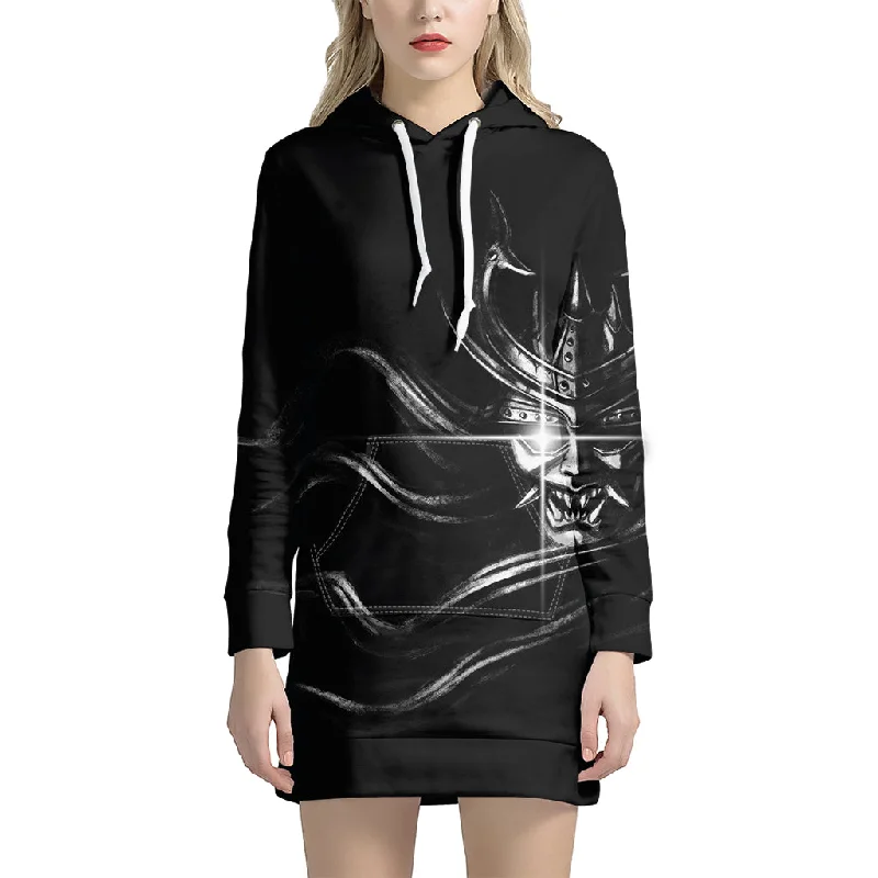 Evil Samurai Mask Print Pullover Hoodie Dress