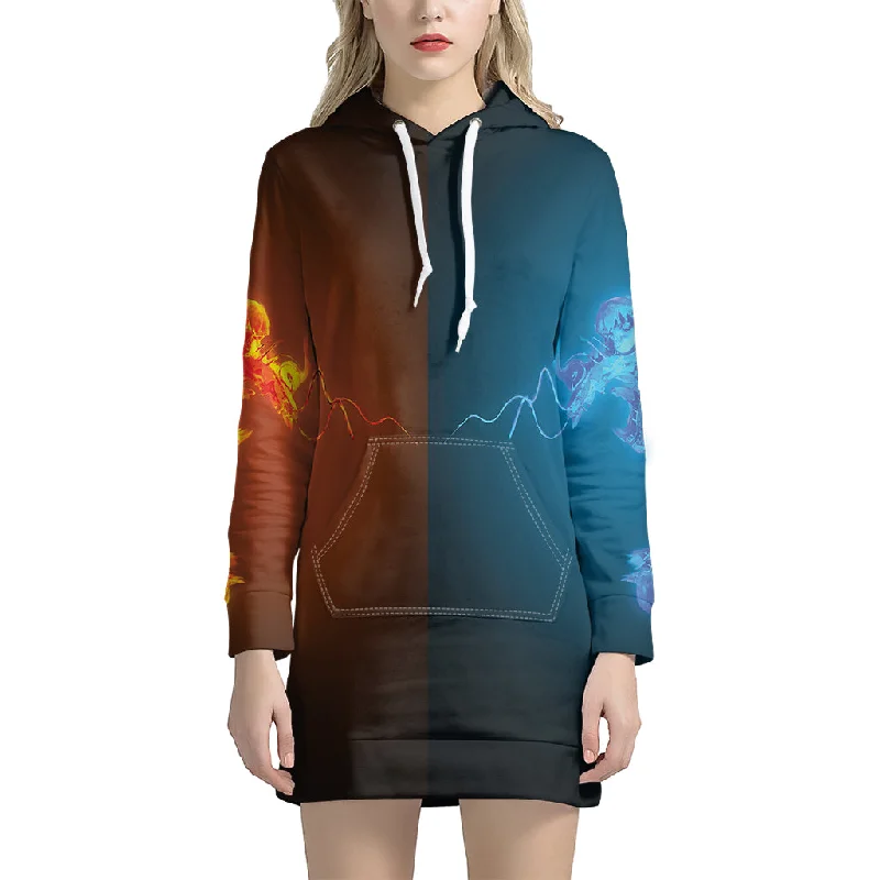 Fire And Ice Dragons Print Pullover Hoodie Dress