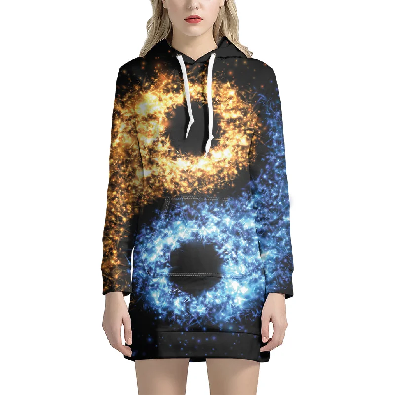 Fire And Ice Sparkle Yin Yang Print Pullover Hoodie Dress