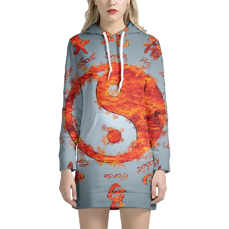 Fire Yin Yang Chinese Zodiac Print Pullover Hoodie Dress