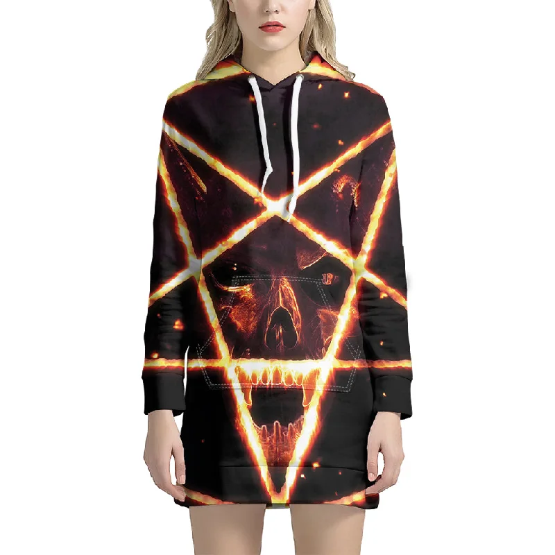 Flame Satanic Pentagram Print Pullover Hoodie Dress