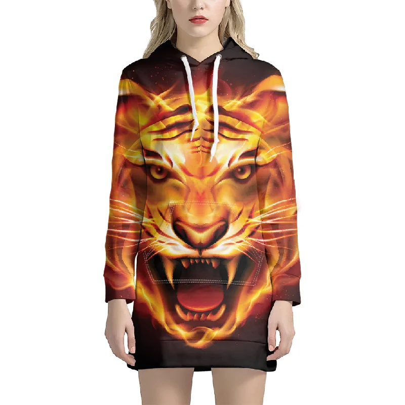 Flame Tiger Print Pullover Hoodie Dress