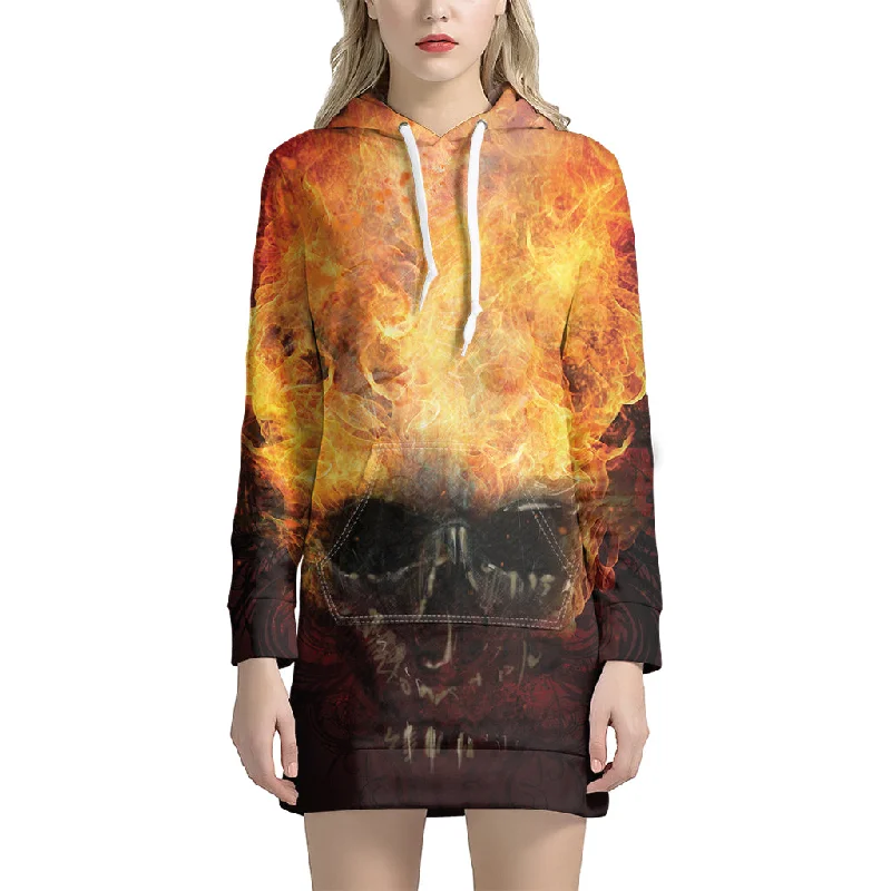 Flaming Demon Skull Print Pullover Hoodie Dress