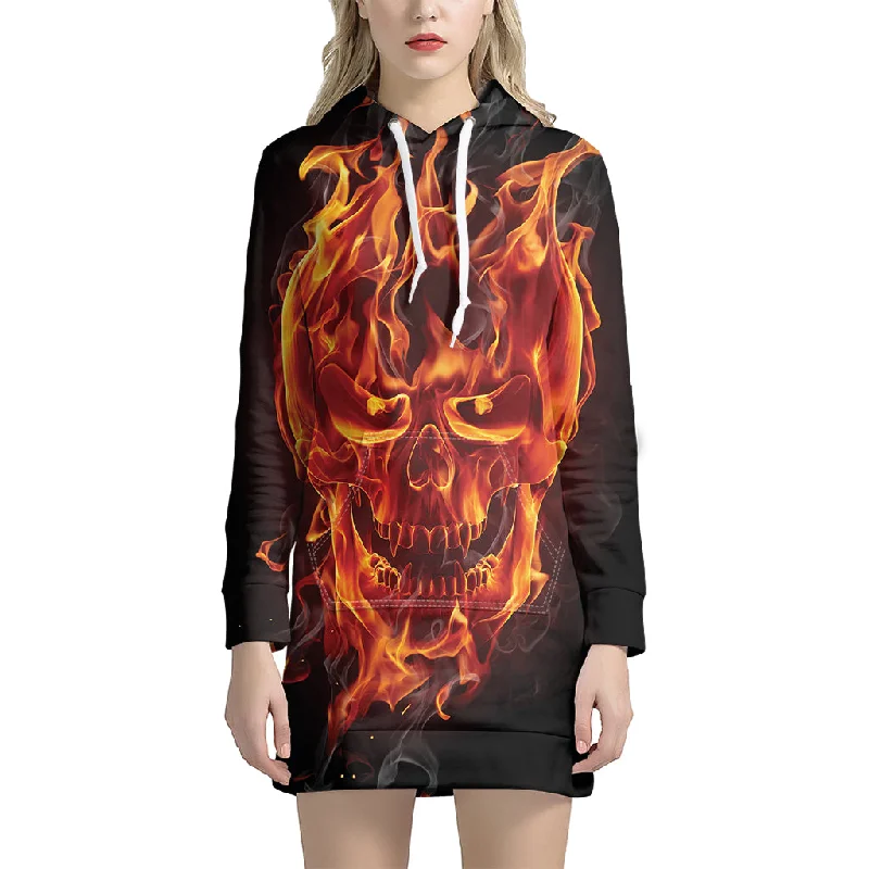 Flaming Evil Skull Print Pullover Hoodie Dress