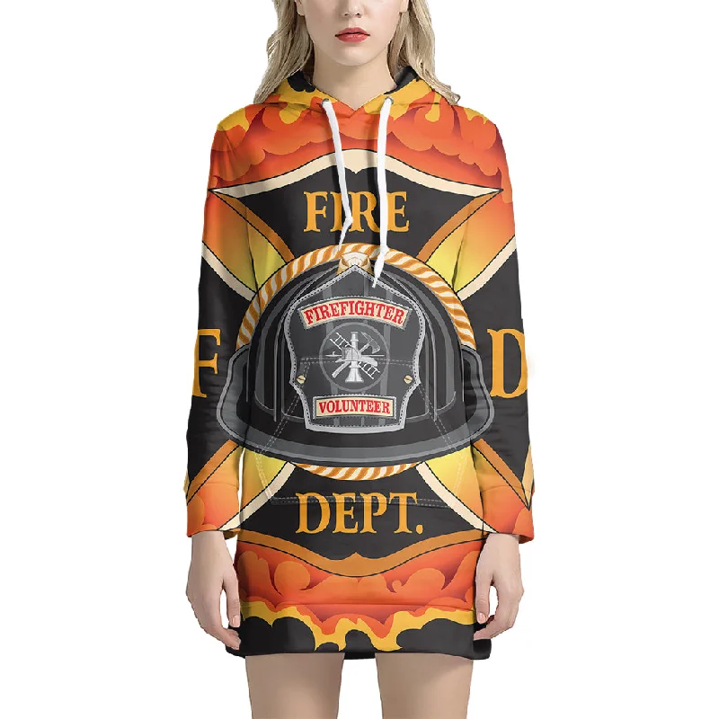 Flaming Firefighter Emblem Print Pullover Hoodie Dress