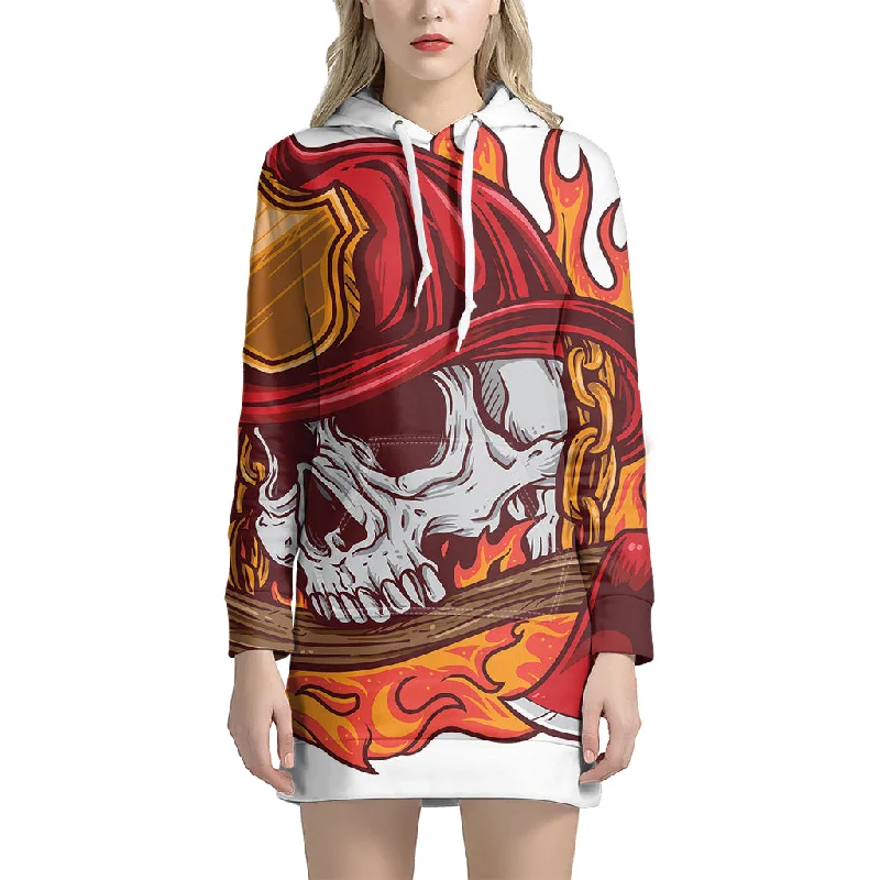 Flaming Firefighter Skull Print Pullover Hoodie Dress