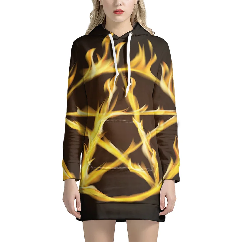 Flaming Pentagram Symbol Print Pullover Hoodie Dress