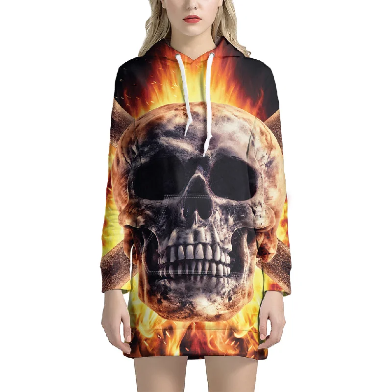 Flaming Skull And Cross Wrench Print Pullover Hoodie Dress