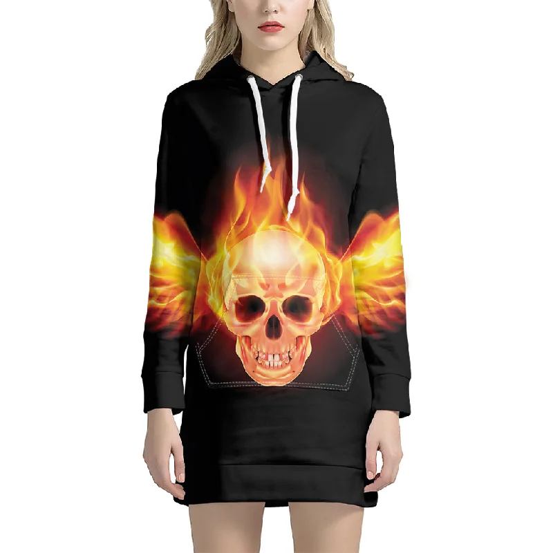 Flaming Skull With Fire Wings Print Pullover Hoodie Dress