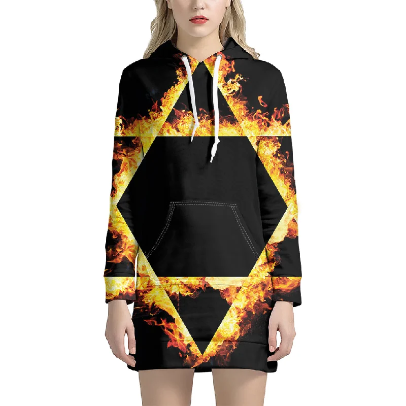 Flaming Star of David Print Pullover Hoodie Dress