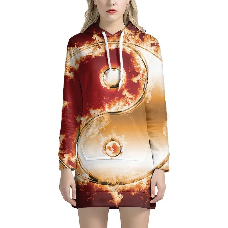 Flaming Yin Yang Print Pullover Hoodie Dress