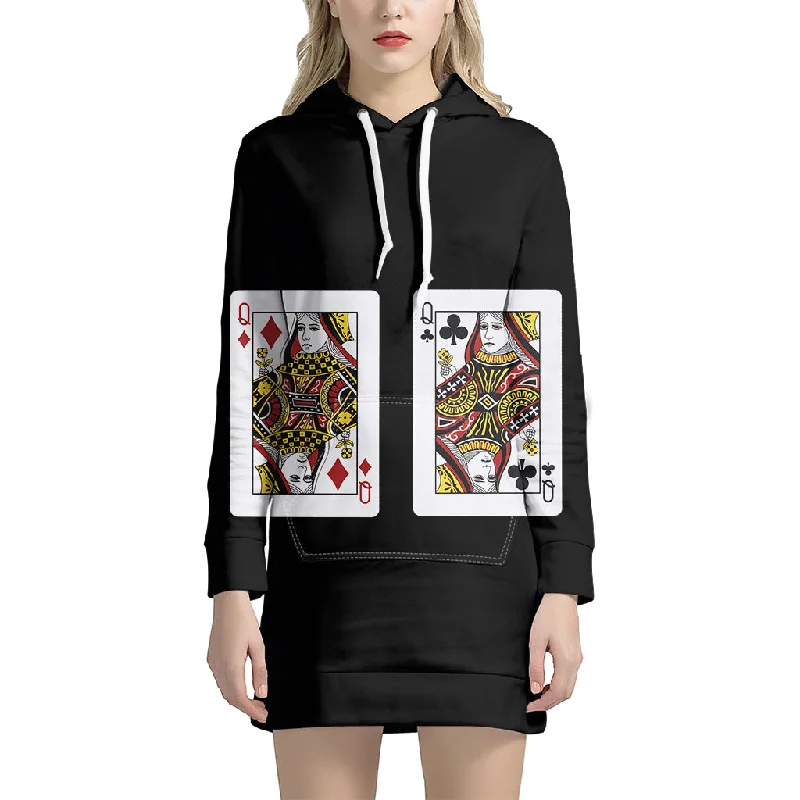 Four Queens Playing Cards Print Pullover Hoodie Dress