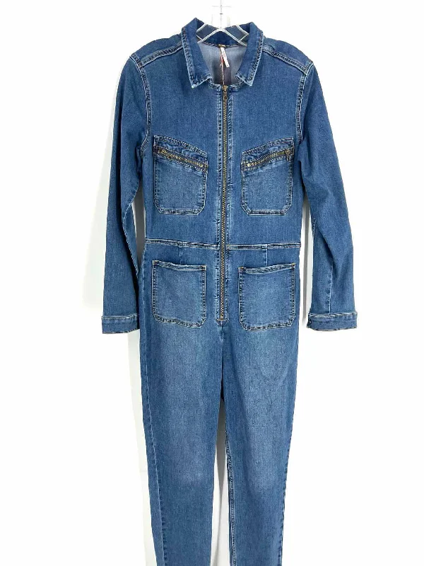 Free People Size L Blue Zipper Denim Designer Jumpsuit