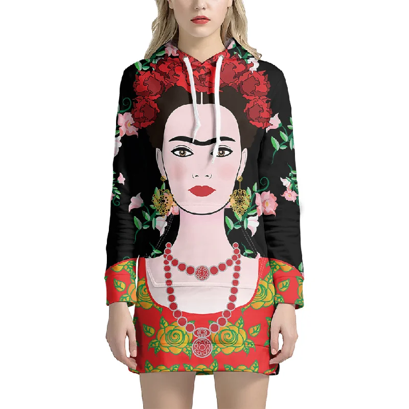 Frida Kahlo And Pink Flower Print Pullover Hoodie Dress