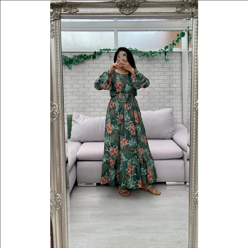 Frill Sleeve Silk Print Dress