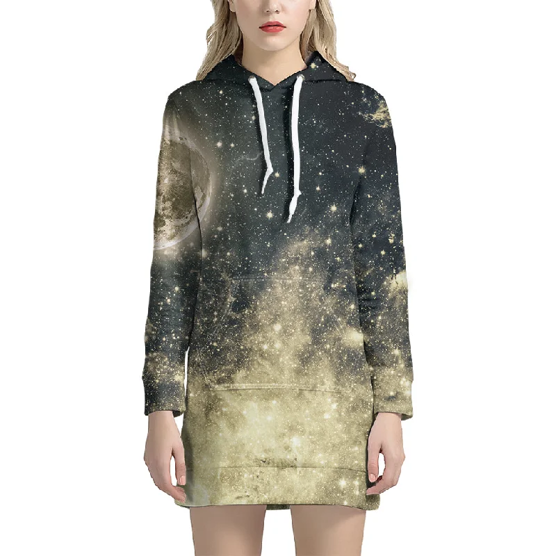 Full Moon And Night Stars Print Pullover Hoodie Dress