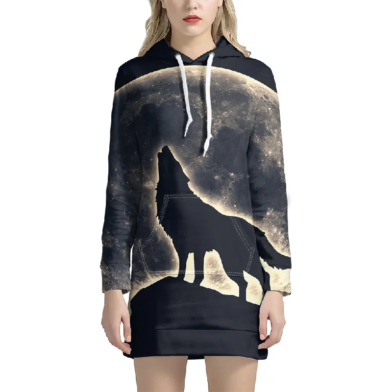 Full Moon Howling Wolf Print Pullover Hoodie Dress