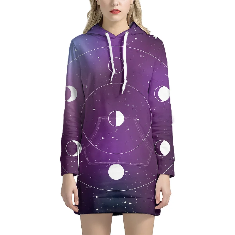 Galaxy Moon Phase Print Pullover Hoodie Dress