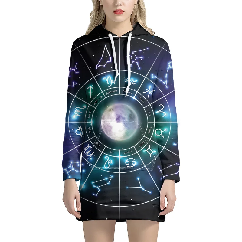 Galaxy Zodiac Wheel Print Pullover Hoodie Dress